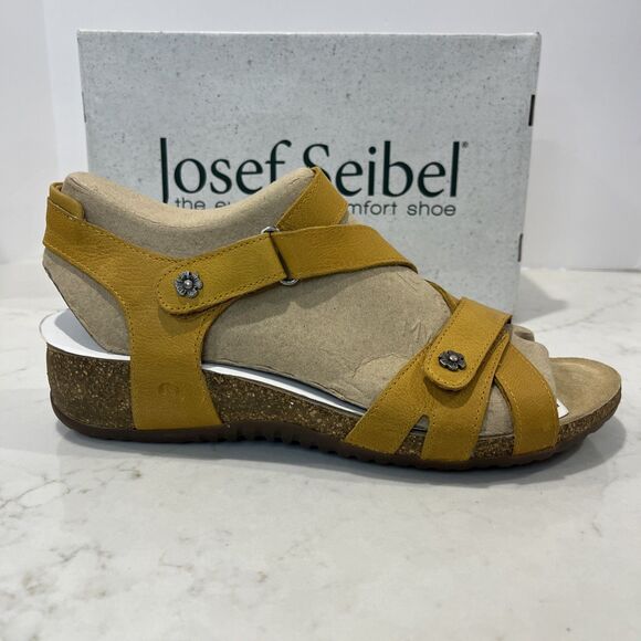 Josef Seibel NEW Comfort Sandals Yellow Leather Wedge Strappy Cork EU 42 US 11 - Picture 3 of 15